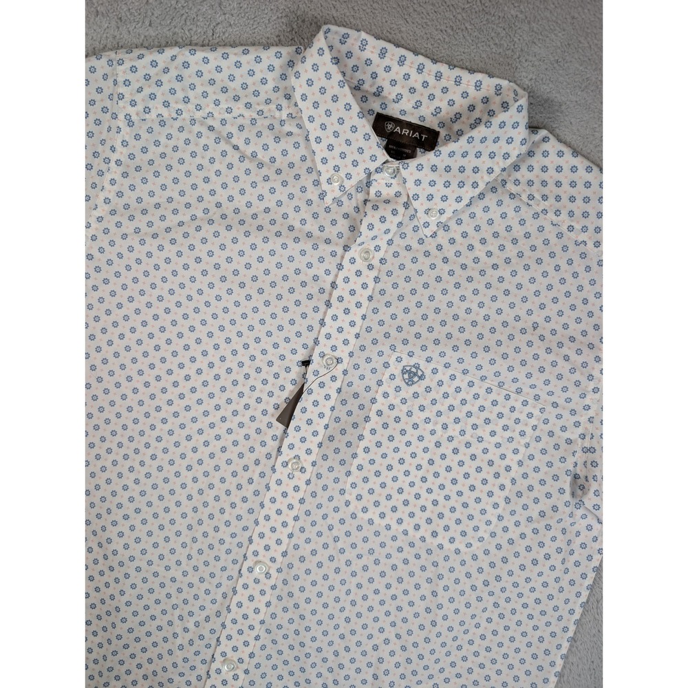 Ariat Mens Tenzin SS Shirt White Blue Floral Print Button Down Medium NWT